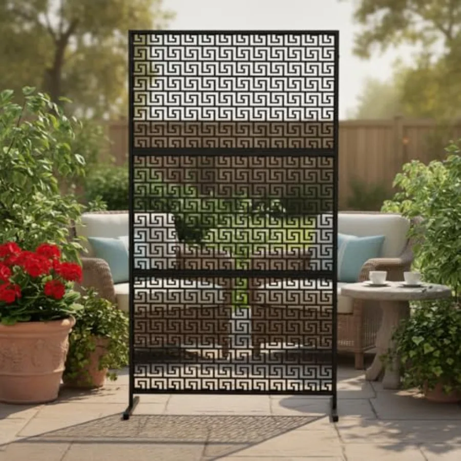 Outdoor Privacy Screen 72 H×36 W Freestanding Metal Panel for Deck Patio Balcony Garden Backyard Black-Maze Pattern