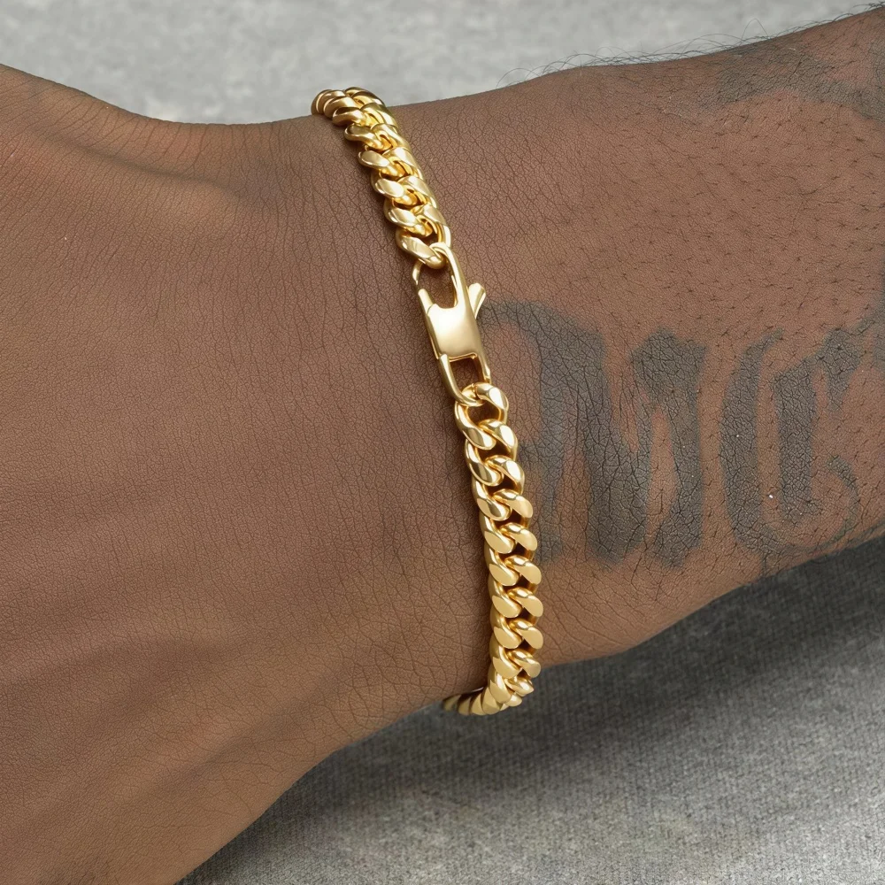 6mm Edelstahl Kubanische Kette Herren Armband Hip Hop 18k Goldfarben Verstellbare Schnalle Armband Mode Schmuck Accessoires – Detail 2