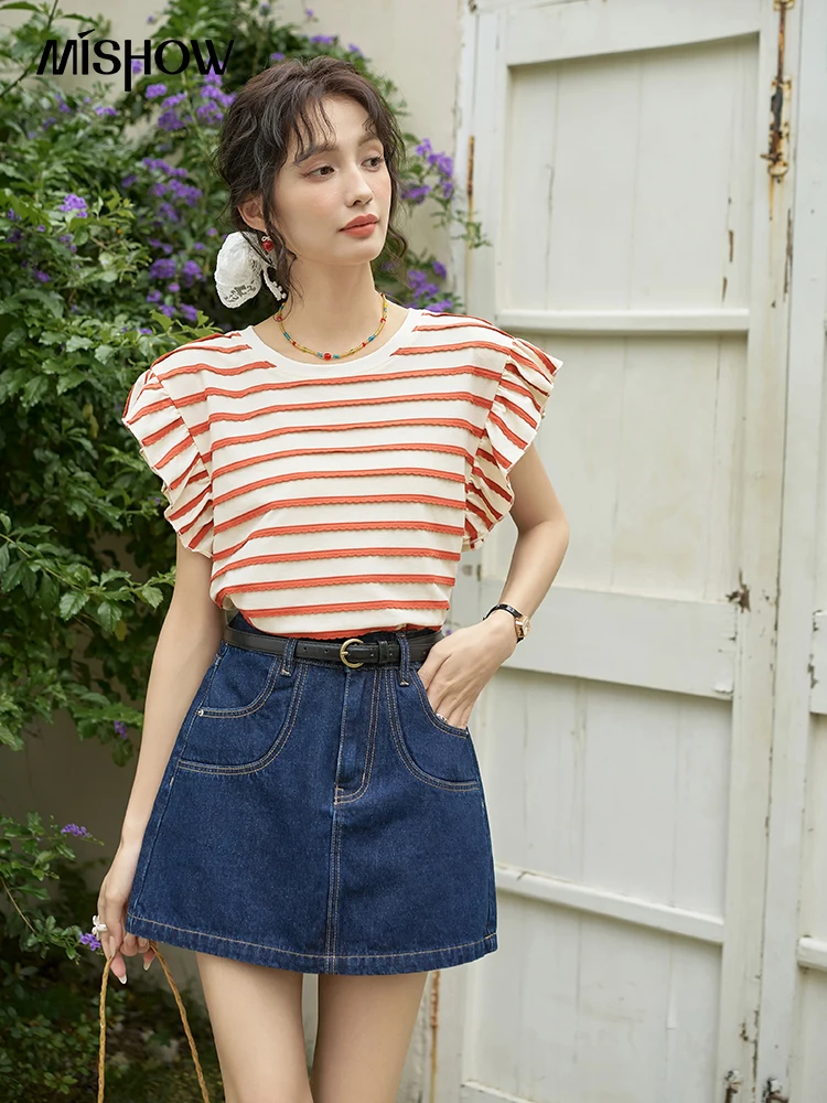 MISHOW Sweet Lotus Edge Flying Sleeves Blouses Round Neck T-shirt Women 2024 Summer Loose Short Sleeve Striped Tops MXD26X1476