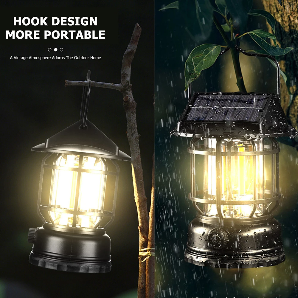 Solar Camping Lights USB Rechargeable LED Retro Portable Lantern Waterproof For Outdoor Hanging Tent Atmosphere Emergency Lamp