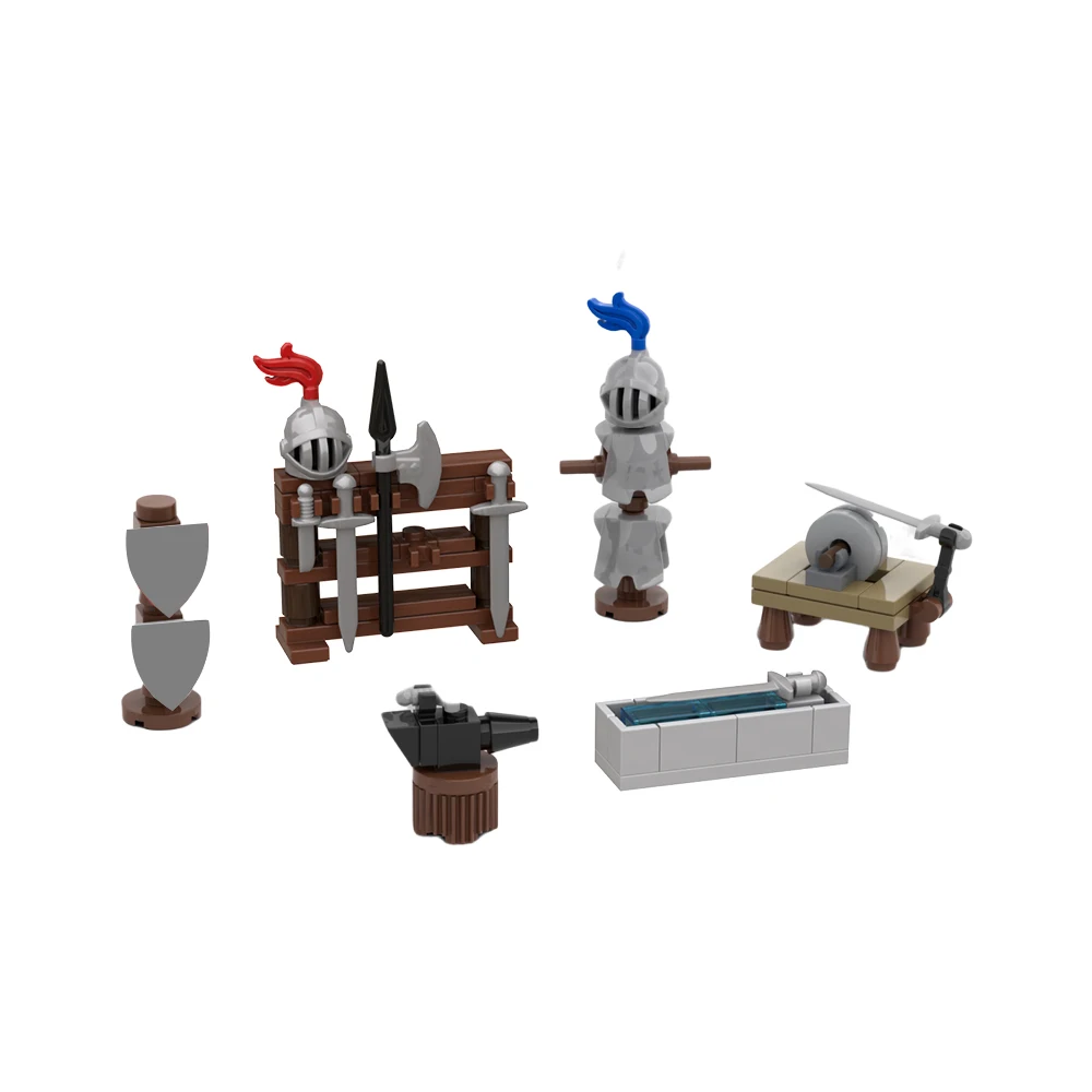 Mini ferreiro acessórios blocos de construção kit medieval capacete arma armadura espada casa smithy castelo tijolo modelo brinquedo para crianças