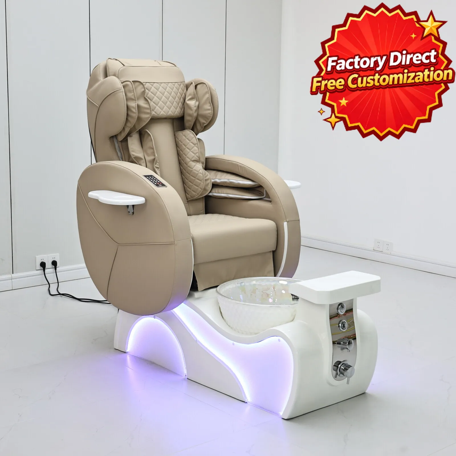 Electric Pedicure Chair with LED Light, Beige PU Leather Nail Spa Station with Glass Foot Bath for Beauty Salon