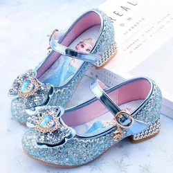 Disney cartoon girls casual shoes children's high-heeled shoes elsa princess frozen cartoon bowknot leather crystal party shoes