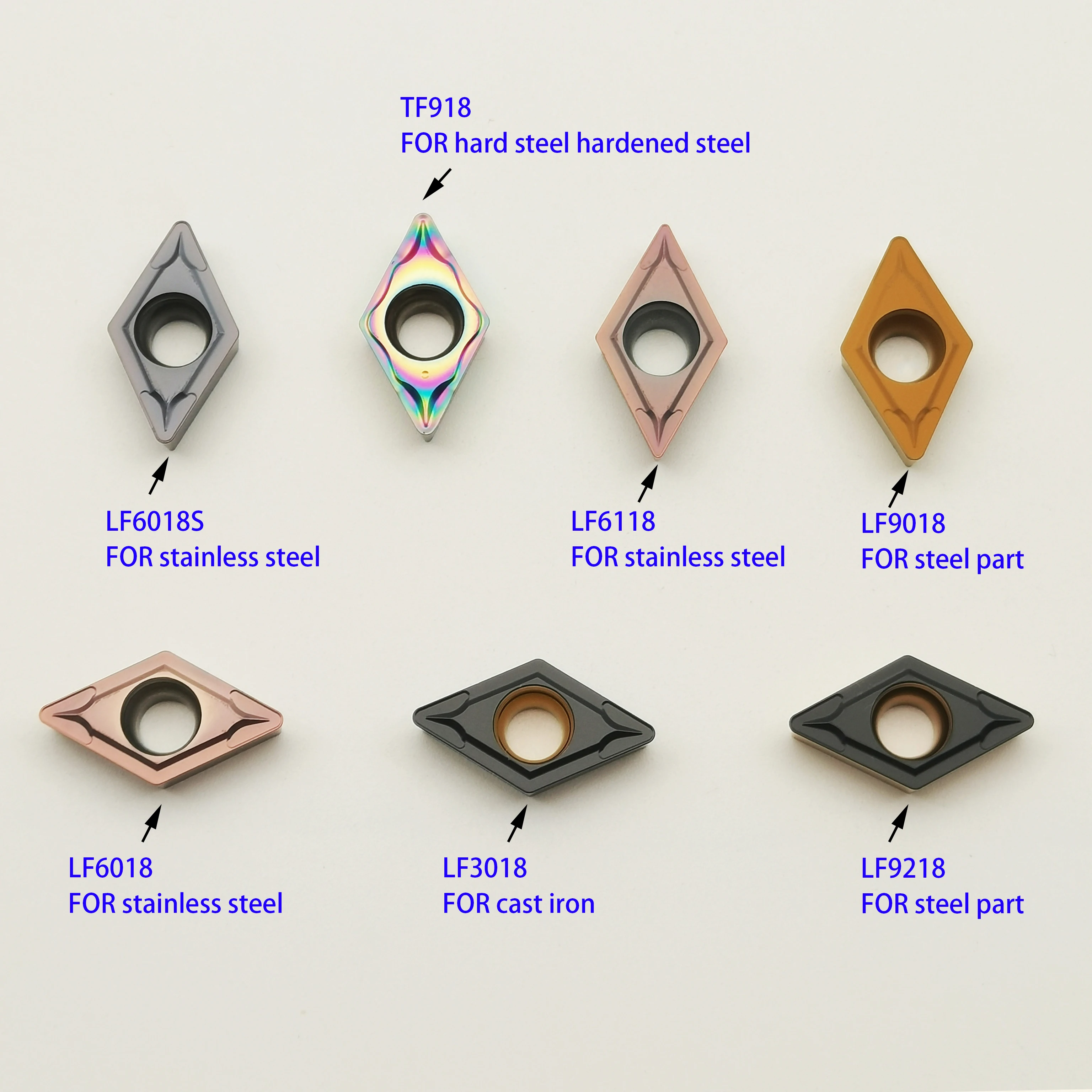 

DCMT07 DCMT11 LF6018 9218 3018 9018 6118 and other high quality carbide tools are suitable for processing various materials DCMT