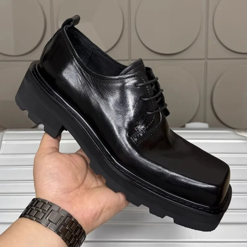 

Square-Toe Genuine Leather Breathable Platform Formal Dress Shoes | Height-Increasing Low-Top Men's Business Derby Shoes