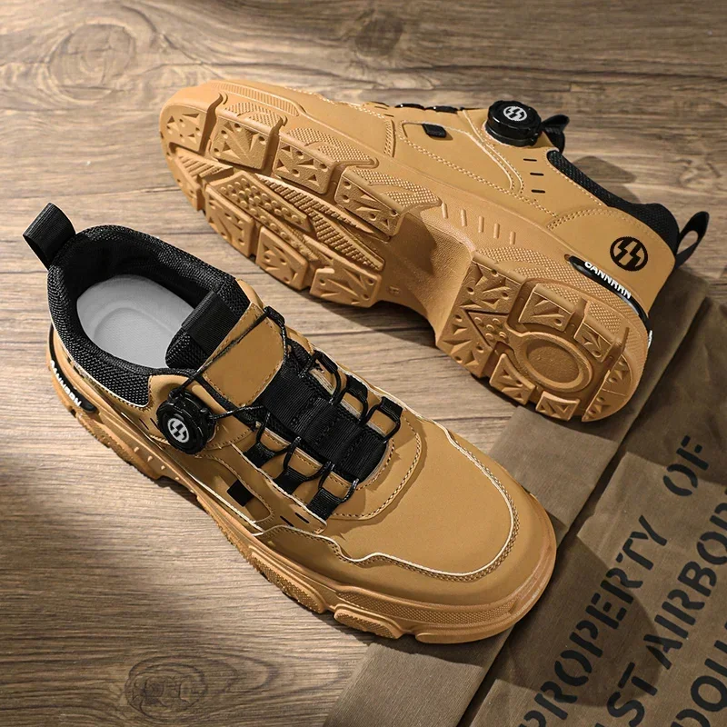 British Style Outdoor Men Casual Shoes Rotating Button Fashion Motorcycle Shoes Versatile Men Work Shoes Comfortable Sport Shoes