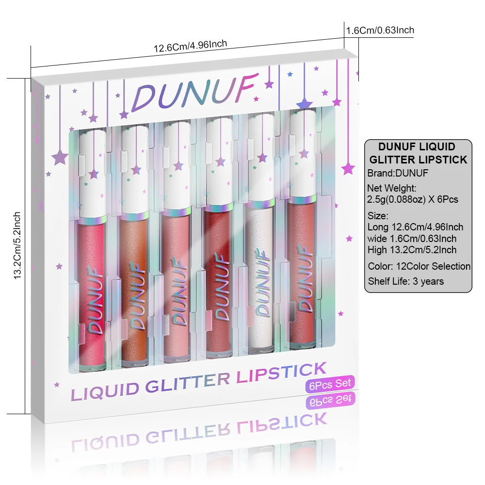 DUNUF-Juego de brillo de labios con purpurina, 6 uds., belleza para mujer, tinte de labios brillante de diamante, resistente al agua, lápiz labial líquido de larga duración, cosméticos, maquillaje