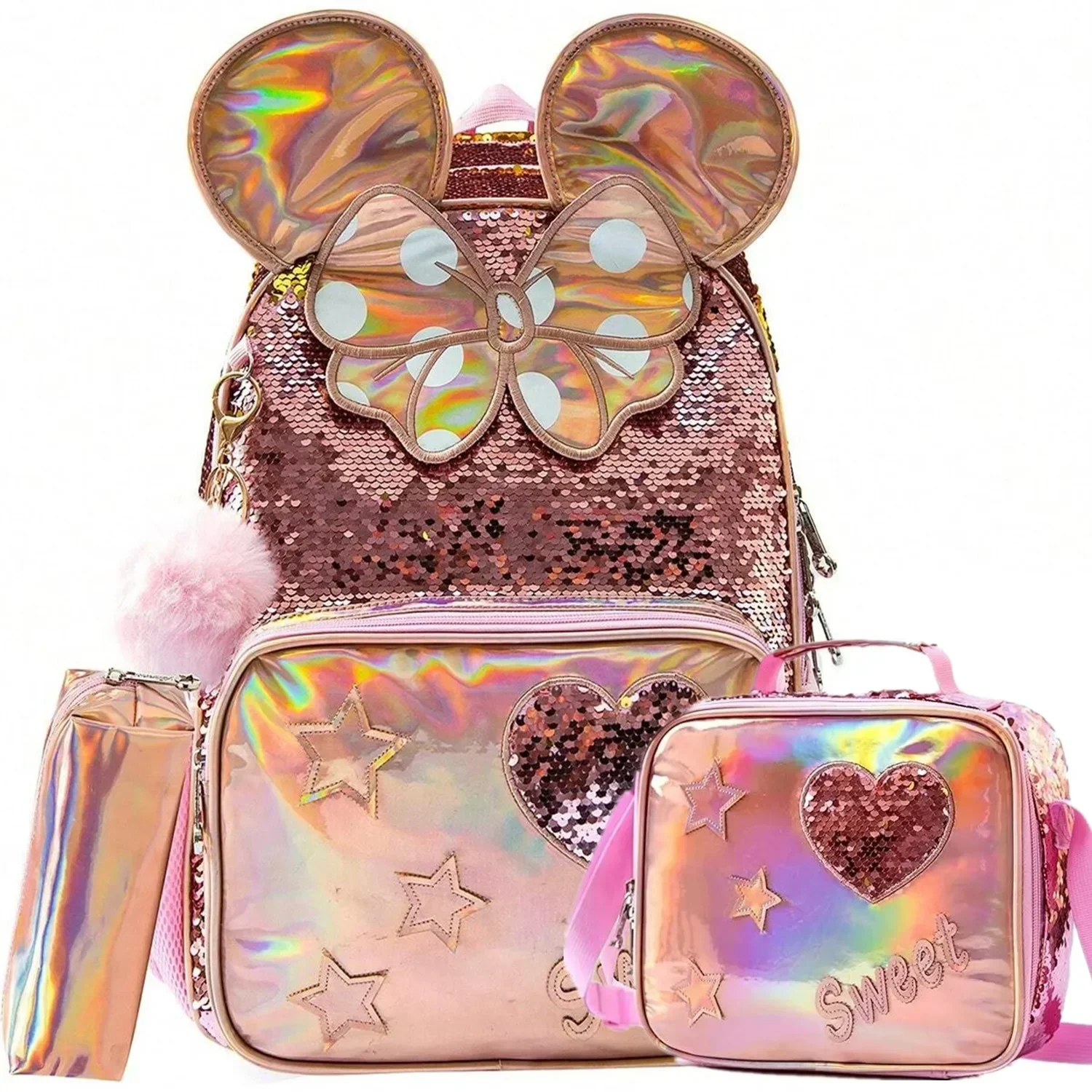 

3PCS Girls Backpack Set with Lunch Box Cute Sequin School Bag for Elementary Students School Essentials Travel Backpack for Kids