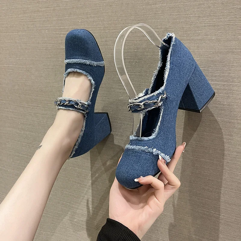 Round Toe High Heel Sandals Women Denim Cloth Pearl Metal Chain Decor Single Shoes Slingback Pumps Spring Retro Party blue Shoes