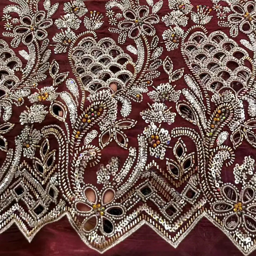 Embroidery Ai - ホットセール アフリカ産オーガンザレース生地 ナイジェリア産チュールレース 高品質刺繍ビーズ 透かし彫り ウェディングドレス縫製用