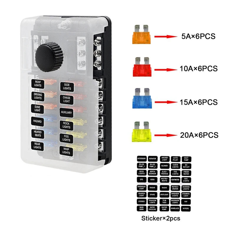 12Ways Blade Fuse Holder Block & Warning Indicator Power Distribution Panel Board Car Boat Fuse Box Holder