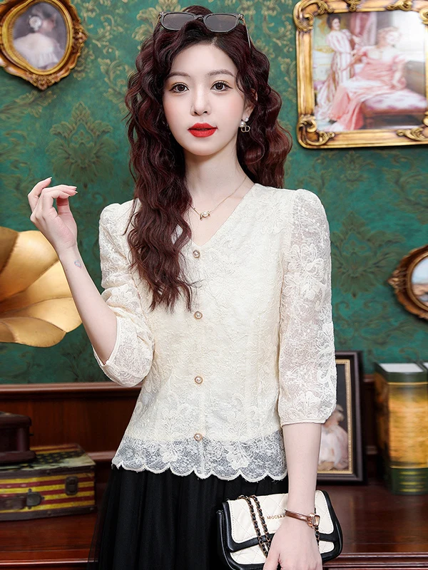 Blusa de encaje para mujer, estilo coreano, de manga media, elegante, que rejuvenece, con diseño de siete armaduras, cuello en V, estilo casual para el día a día.