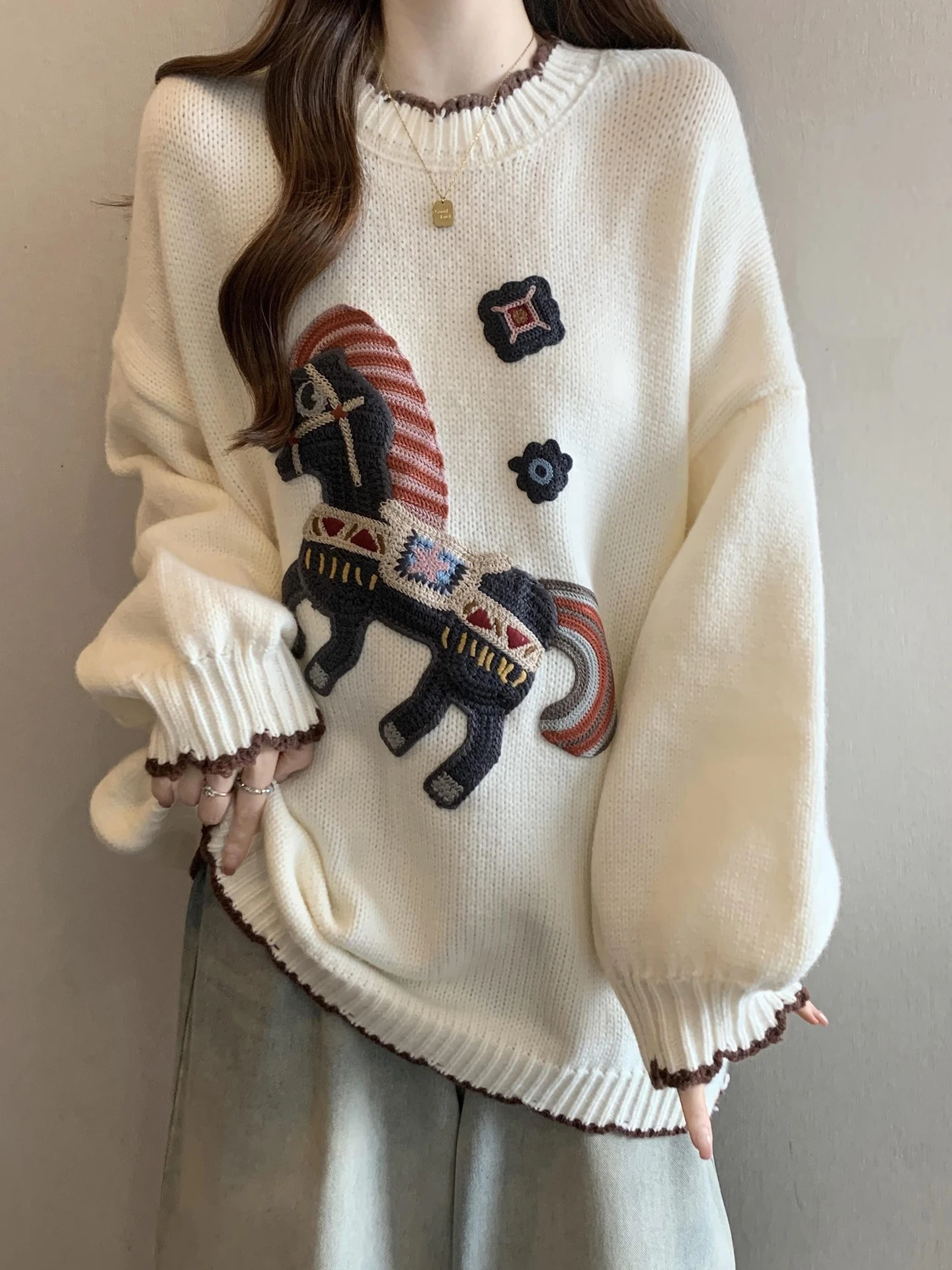 

Cartoon Embroidered Contrast Color Loose Knitwear Women's Autumn Winter Mid-Length Long Sve Comfortable Soft Sweater