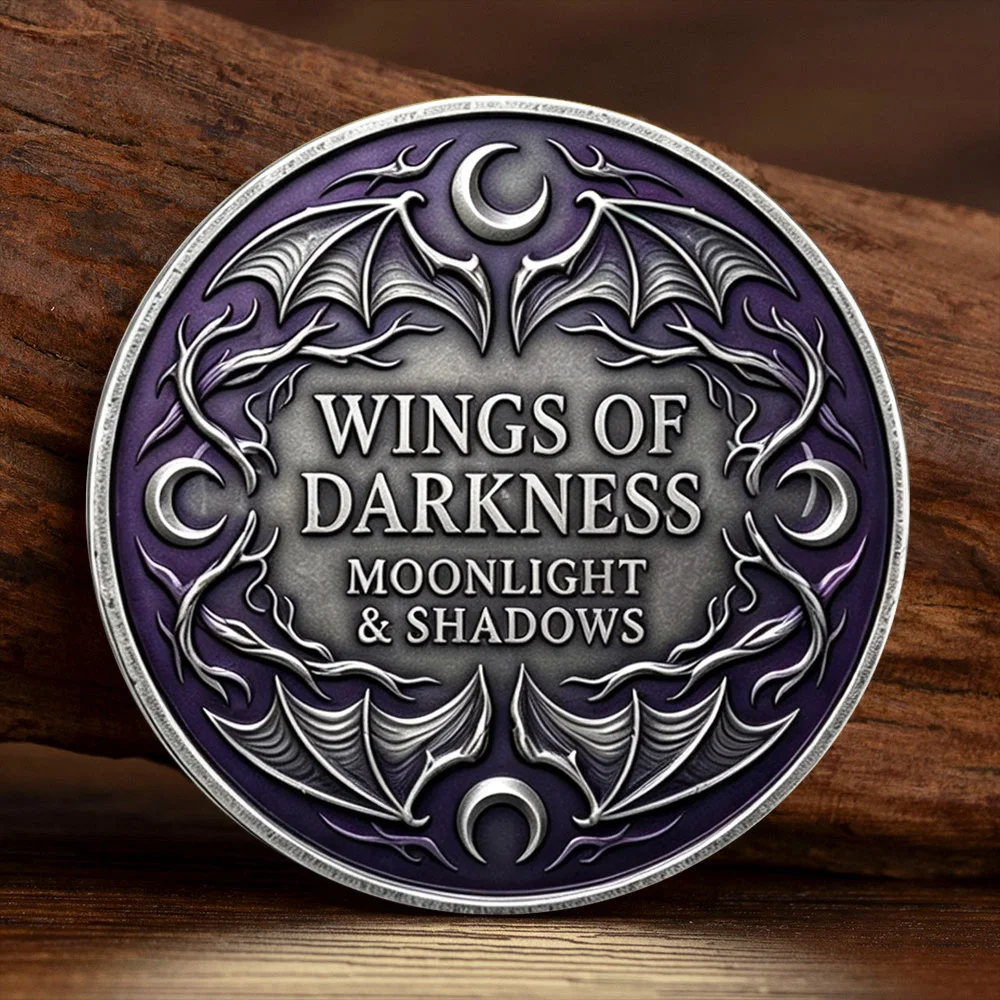 Halloween Witchy Gothic Bat Silvery Plated Souvenir Coin Creatures of The Night Wings of Darkness Moon Shadow Collectible Coin