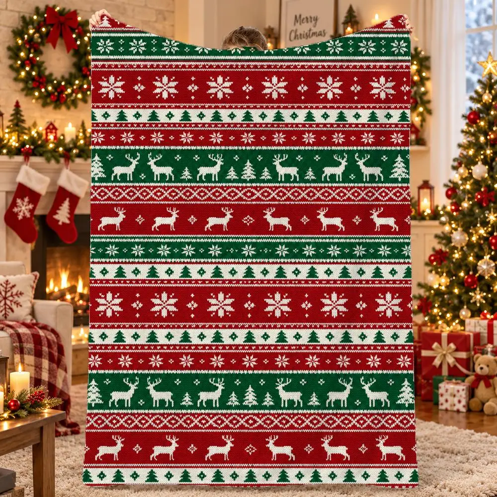 Christmas Plaid Reindeer Throw Flannel Pet Blanket Cover Warm Soft Multifunctional Throw Universal  Bedsqread Holiday Gifts
