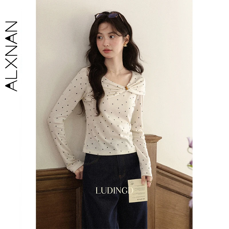 

ALXNAN женский топ с косыми плечами и длинными рукавами абрикосовый горошек с защемленной талией, новая осенняя нежная элегантная женская одежда L57026