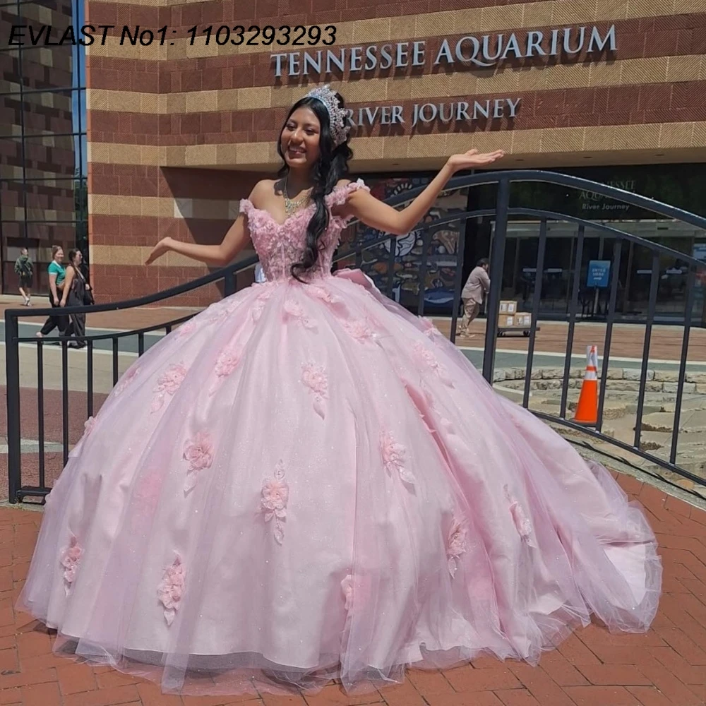 

EVLAST Customized Glitter Pink Ball Gown Quinceanera Dress Floral Applique Beading Tulle Bow Sweet 16 Vestidos De 15 Anos E1QN03