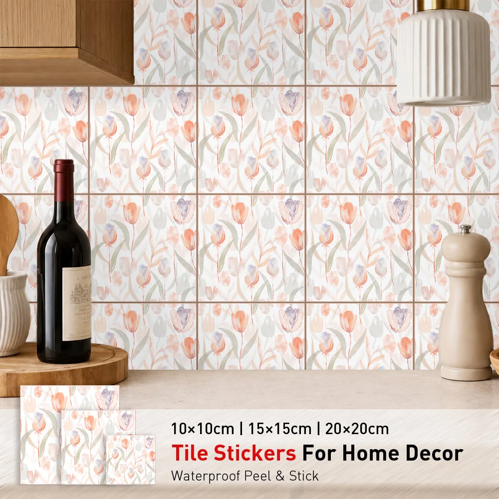 Tulip Tile Stickers Waterproof Peel and Stick Self Adhesive Oil Proof Backsplash Decals Floral Wallpaper Kitchen Bath Decor