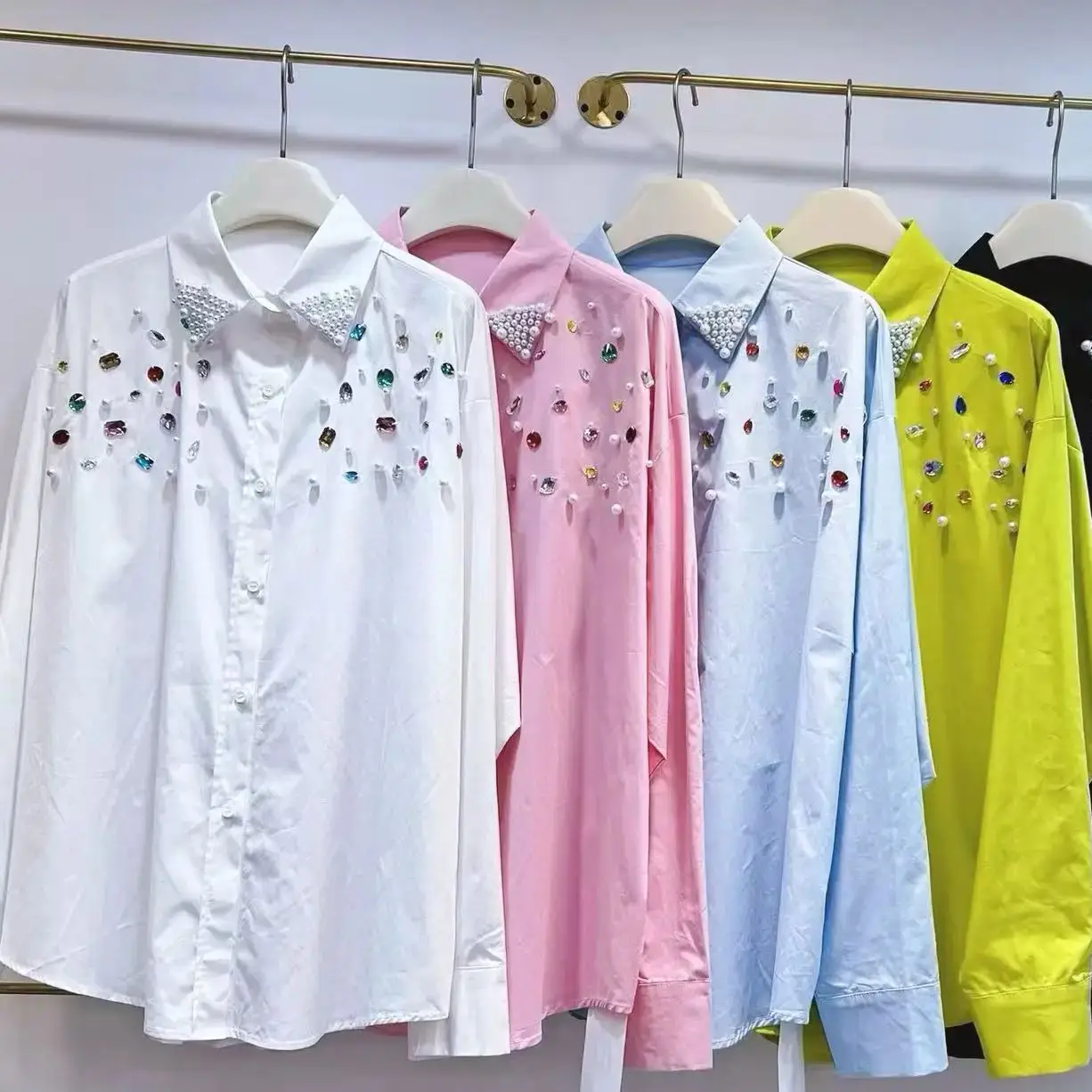 

Elegant Pearl Women Shirts Loose Long Sleeve Ladies Blouses Y2k Fashion New Chic Female Tops Woman Clothing