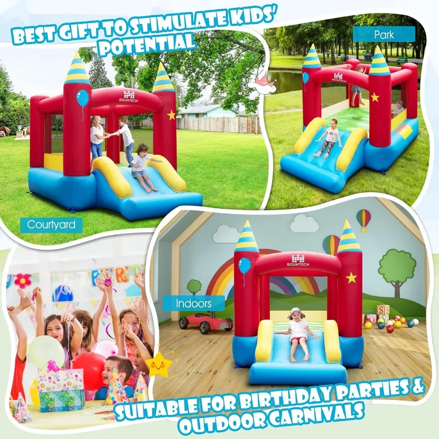 Casa inflable de rebote, casa hinchable para niños de 3 a 10 años, familia interior y exterior con gran área de salto, tobogán, soplador de 480w, mini hinchable