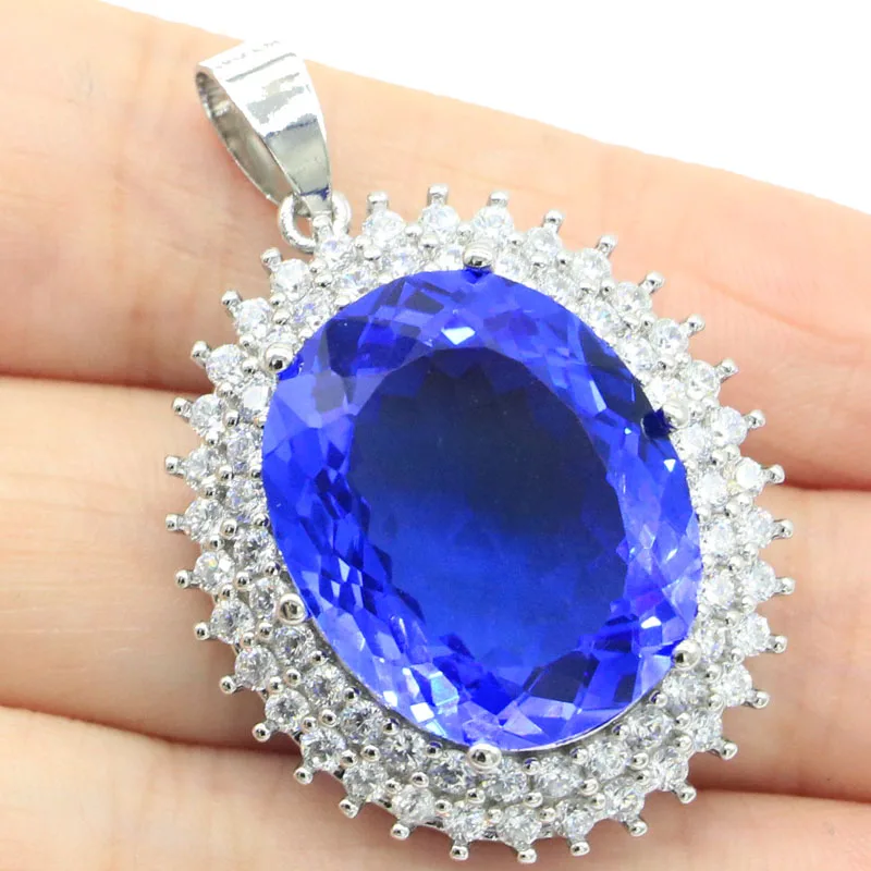 

40x28mm Gorgeous Big Gemstone Rich Blue Violet Tanzanite CZ Dating Women Silver Pendant