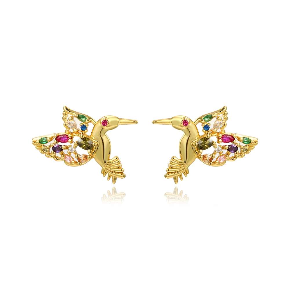 Real 18K Gold Plated Crystal Bird Stud Earrings For Women Copper CZ Animal Earrings Rainbow Jewelry Gifts colibri