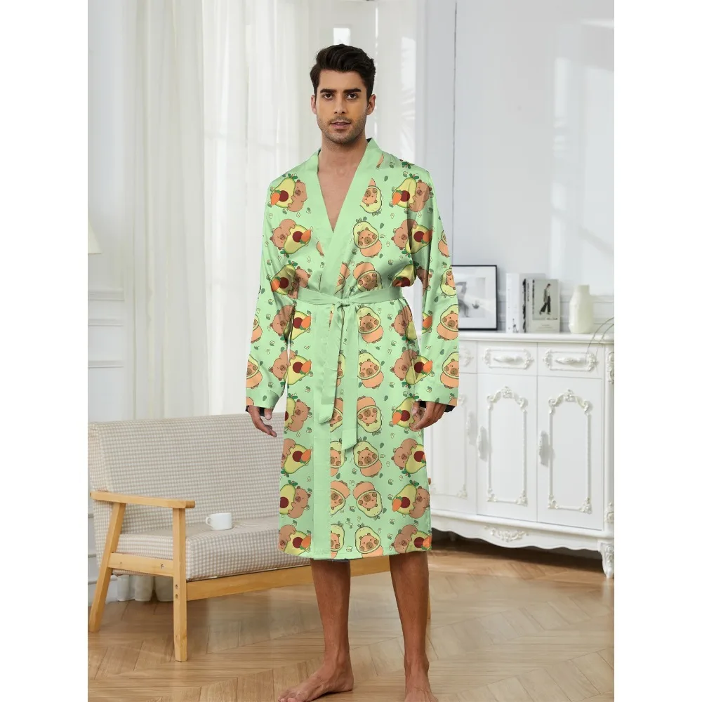 

Men's 3D Kapibala Printed Lightweight Long Sleeve Bathrobe Adjustable Belt Loose Four Seasons Universal Home Suit Smooth Silk Te