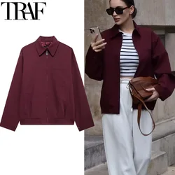 TRAF Womens Jacket Autumn Zip Bomber Jackets Outerwears Loose Burgundy Long Sleeve Coats Casual Demi-Season Jacket For Women