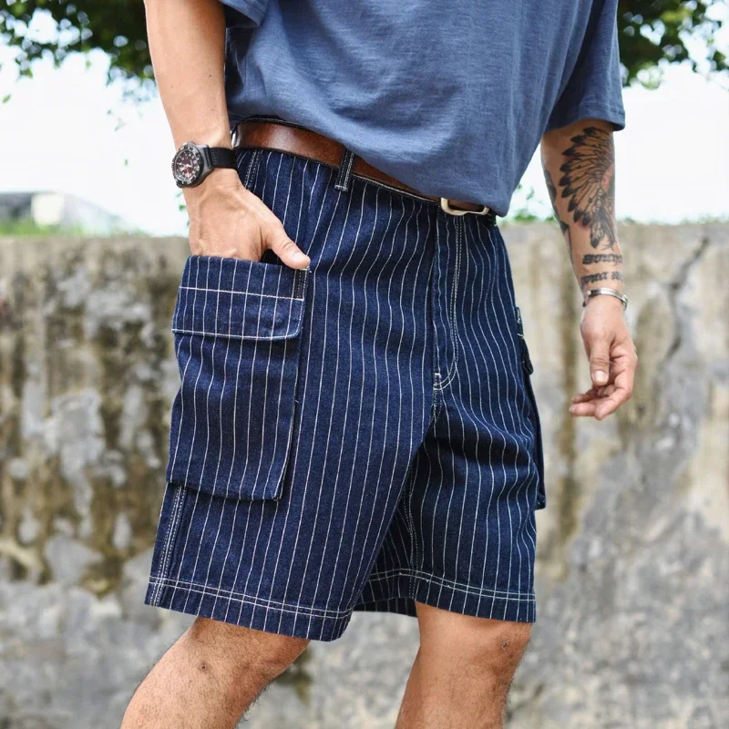 Sauce Zhan  Mans Short Summer Cargo Shorts Men Stripe Denim Short Multiple Packets Vintage Knee Length Loose shorts Fit