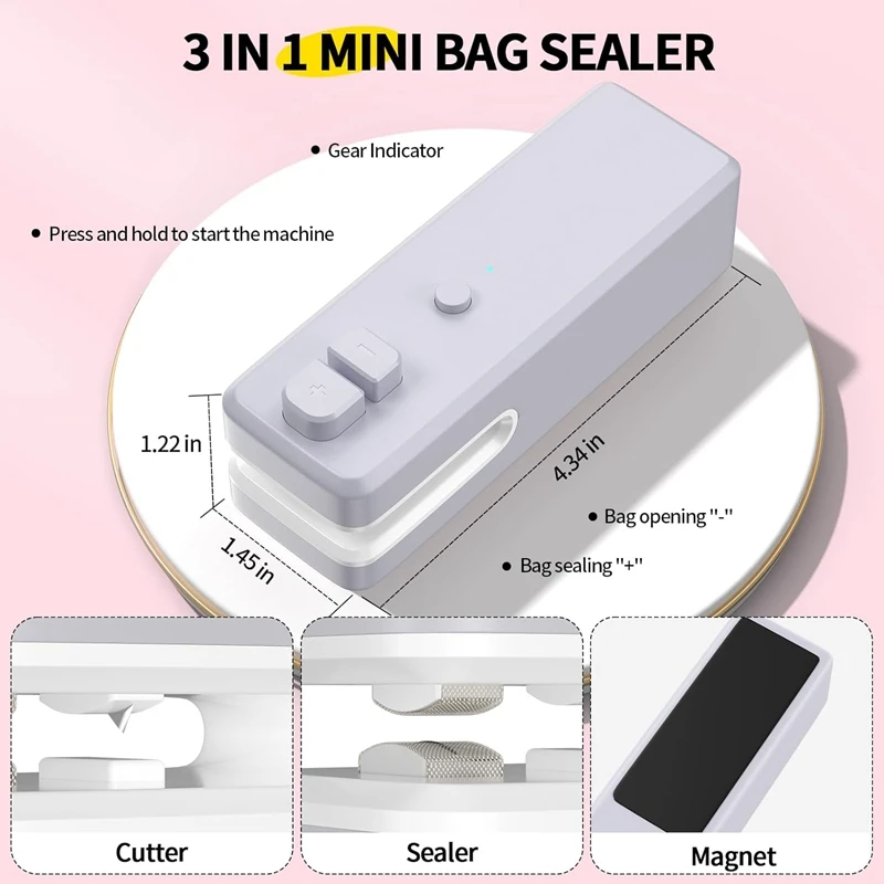 เครื่องซีลปากถุง, 3 In 1 Mini Bag Sealer ความร้อนซีลพร้อมเครื่องตัดและแม่เหล็ก, ชาร์จ Mini Chip Bag เครื่องซีลสูญญากาศสีเทาทนทาน