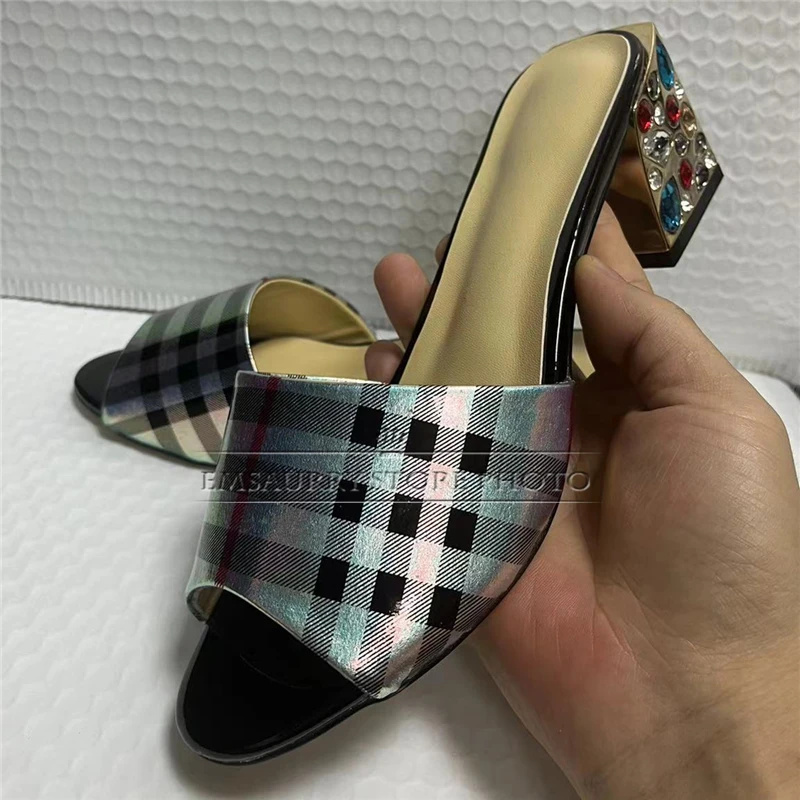 Colorful Rhinestone Square Heel Summer Mules For Girls Unique Leather Slingbacks Modern Sandals Women