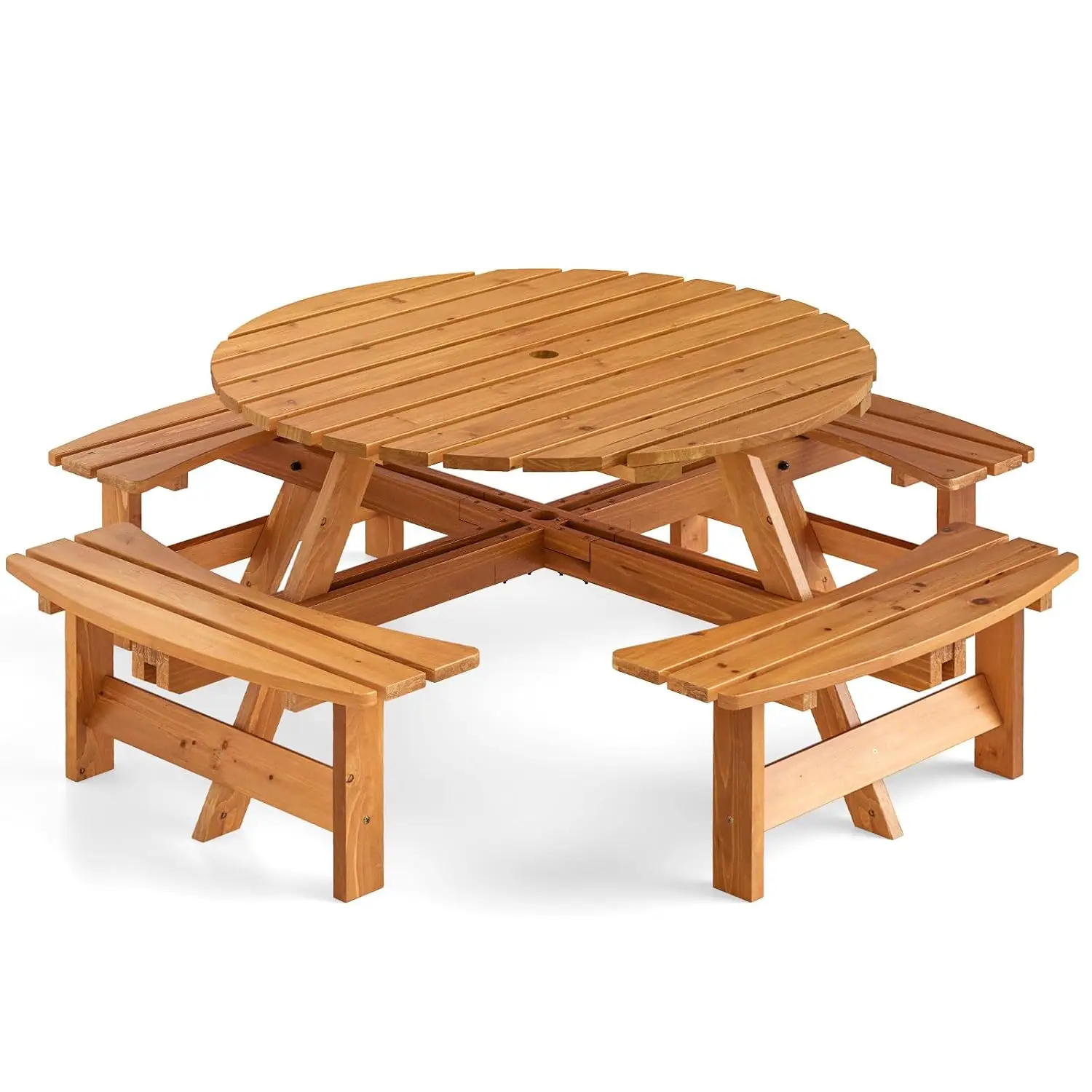 8-Person Wood Picnic Table, Outdoor Round Table and Bench Set with 4 Built-in Benches, Umbrella Hole, Perfect for Outside