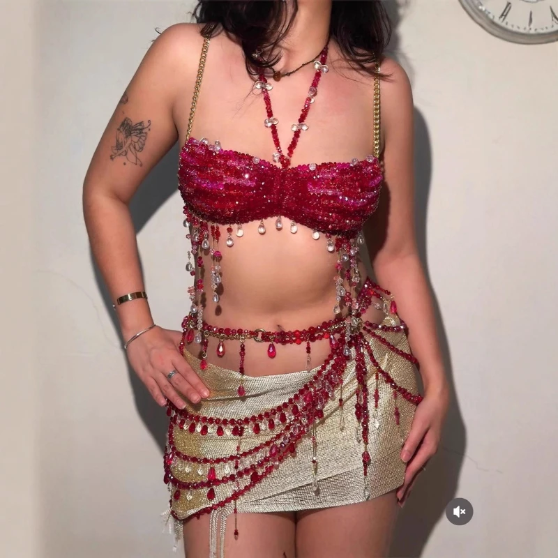 

Sequin Bra and Skirt Set Sexy Rhinestone Chain Body Jewelry Outfit, Festival Rave Dancewear Crystal Beaded Costume for Women