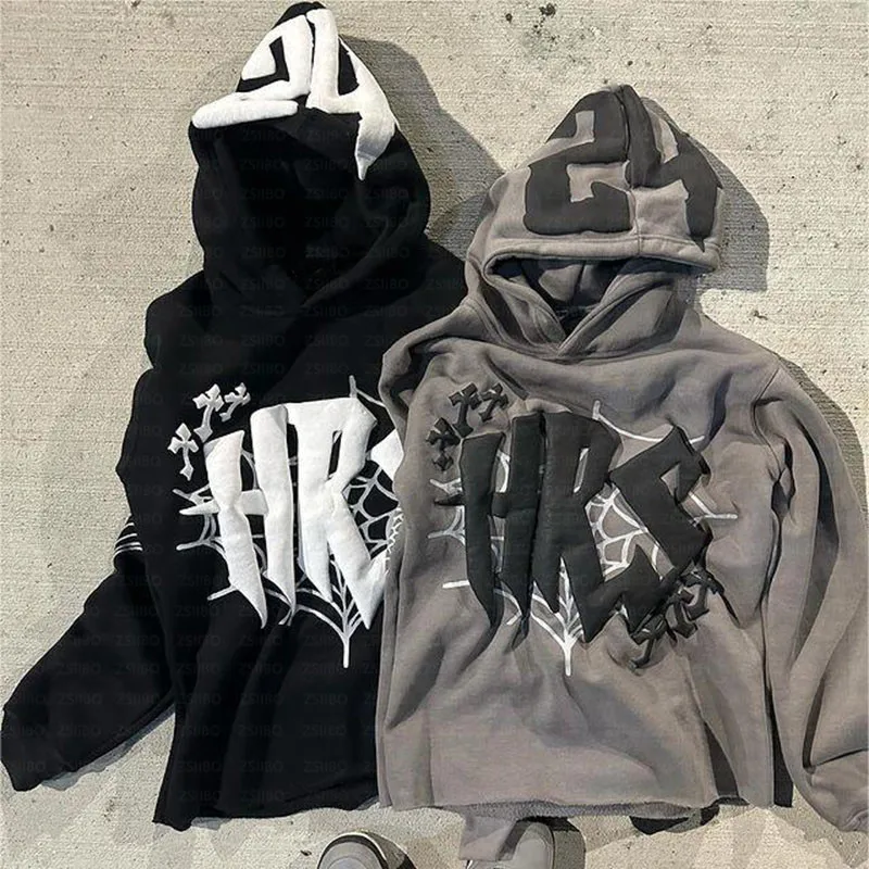 Oversized Goth hoodie Spider web print streetwear Y2K Clothing Goth punk Harajuku sweatshirt Hoodies hoodie women's casual loose