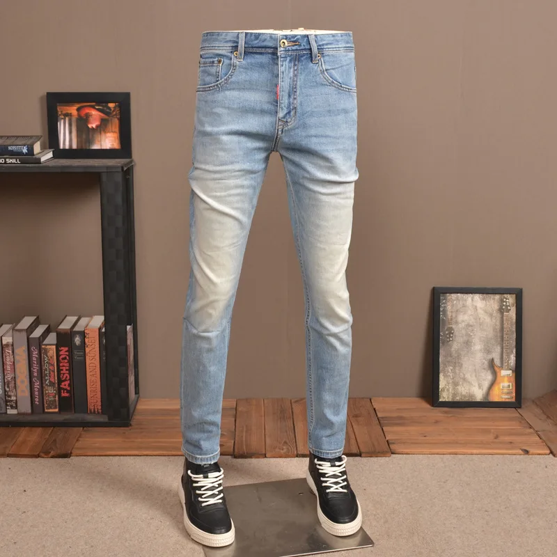 2024 Summer Light Blue Jeans Men's Fashionable High-End Stretch Slim Fit Skinny High Street Distressed Casual Men's Trousers