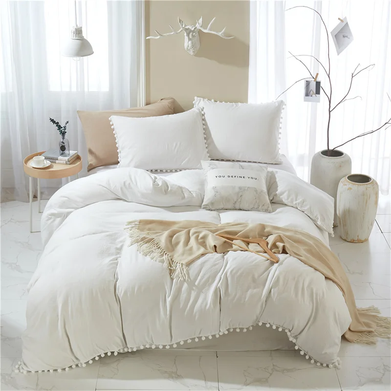 Solid color wash ball quilt cover tassel Duvet cover set deluxe extra large bedding set double bed full set quilt cover