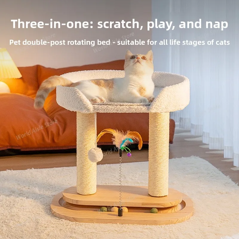 Rotating Cat Tree Tower with Plush Condo Scratching Posts Multi Level Playground for Indoor Cats Cute style Solid wood