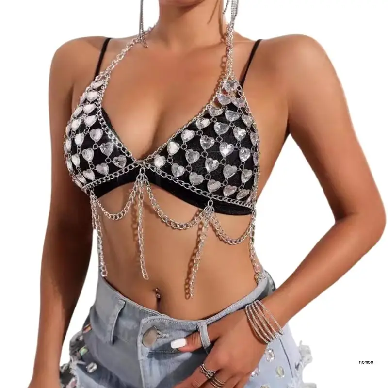 Sparkling Heart Crystal Chest Chain Halter Neck Crop Top Backless Body Jewelry Tassels Bra Clubwear for Women