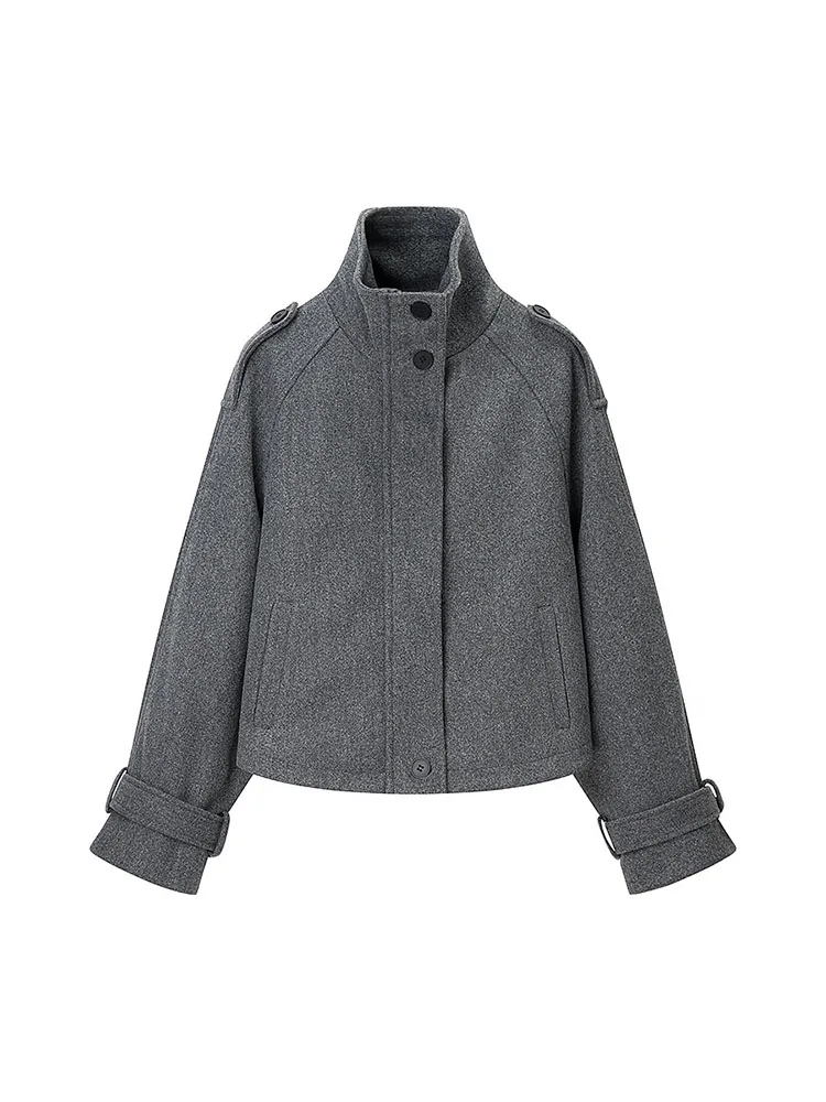 HH Women High Collar Pockets Zipper Single Breasted Decoration Short Coat Woman Fashion Loose Long Sleeves Street Jacket