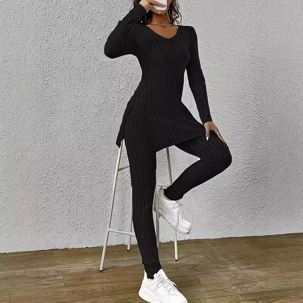 Women's Casual Long Sleeve V Neck Split Top and Pants Matching Set Loose Lounge Suit Jumpsuit