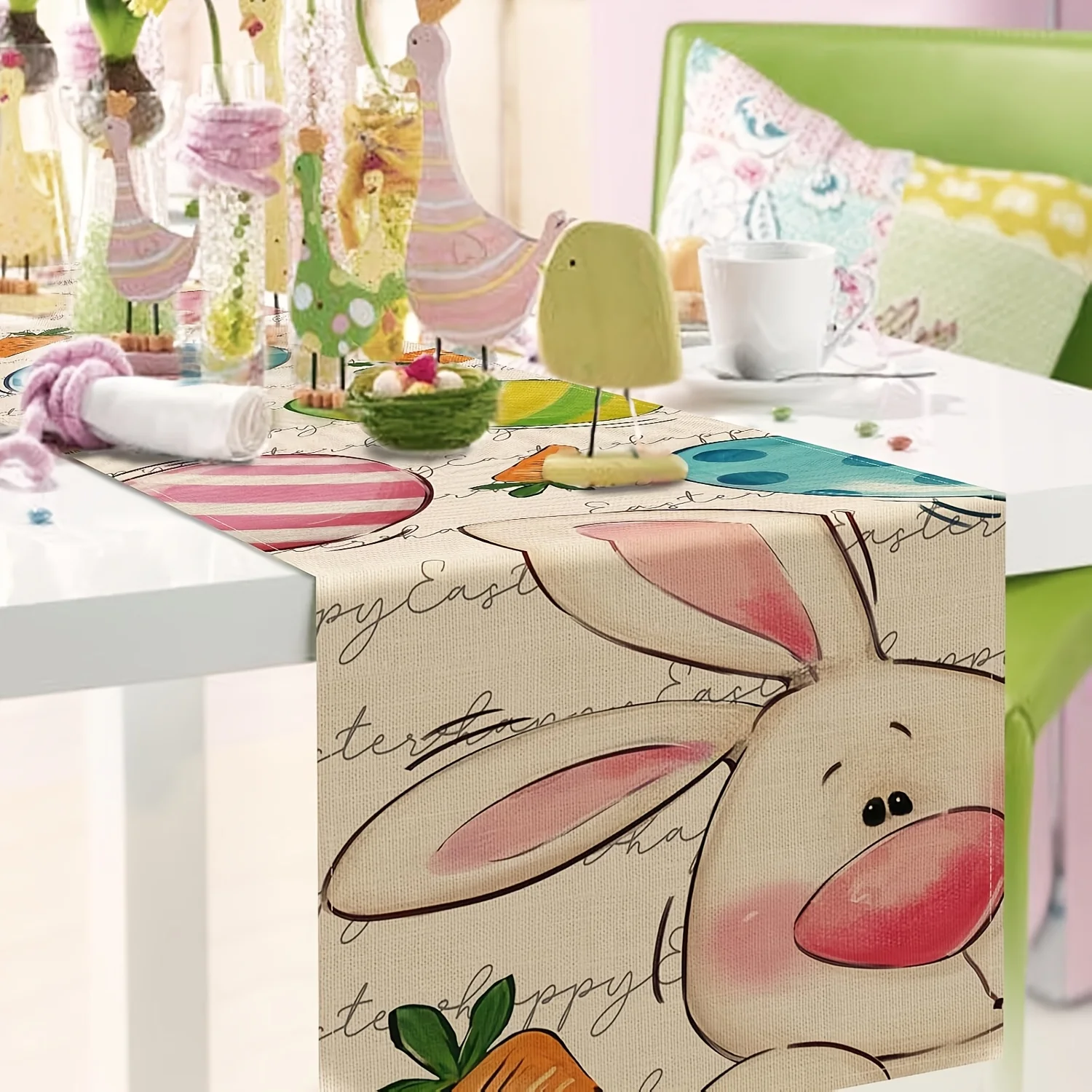 Happy Easter Bunny Table Runner - Cute Rabbit Egg Carrot White Linen Burlap Decor for Indoor Outdoor Farmhouse Dining