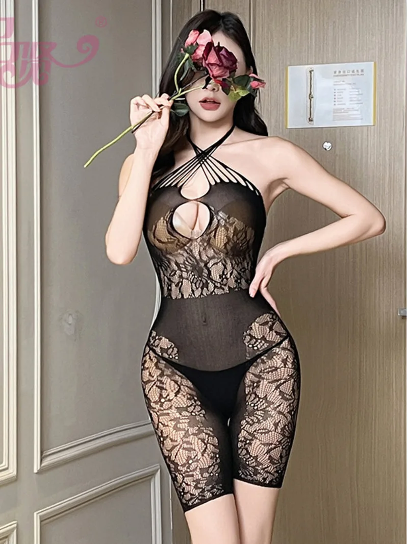 

Sexy Fishing Net Transparent Mesh Women Jumpsuit Shorts Backless Deep V Suspenders Sleeveless Hanging Neck Jumpsuit Shorts O3IM
