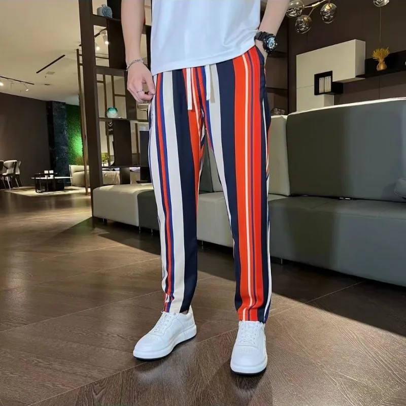 

Men's Summer Trendy Vintage Striped Print Drawstring Thin Harem Pants Casual Streetwear Loose Pockets Trousers Pantalones Hombre