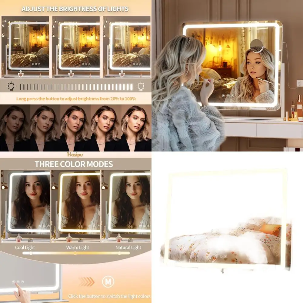 

LED Lighted Makeup Mirror, 25 x 21, 10X Magnification, Phone Holder, USB Port, 3-Color Dimmable, 360° Swivel (White)