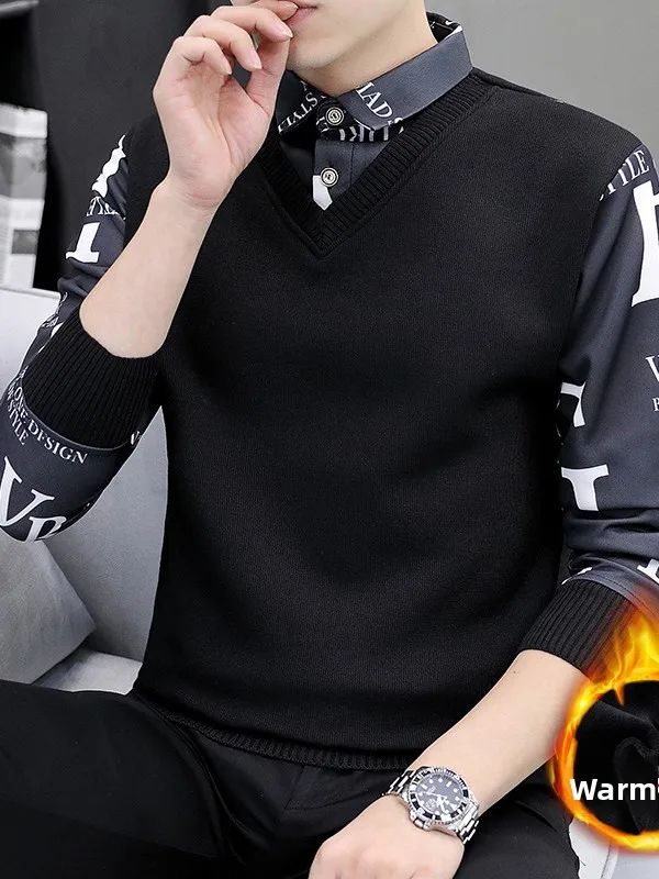 

Мужской свитер с воротником-стойкой и подкладкой, повседневный, вязаный, имитация двухслойного, из полиэфирного волокна, длинный рукав
