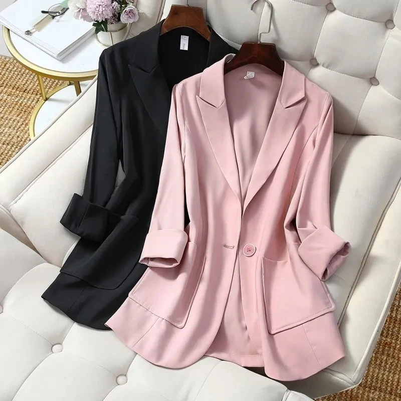 Suit Jacket Women 2022 New Spring Summer Thin Pink Black Blazer Casual Tops Fashion Solid color Loose Coat Female Jacket