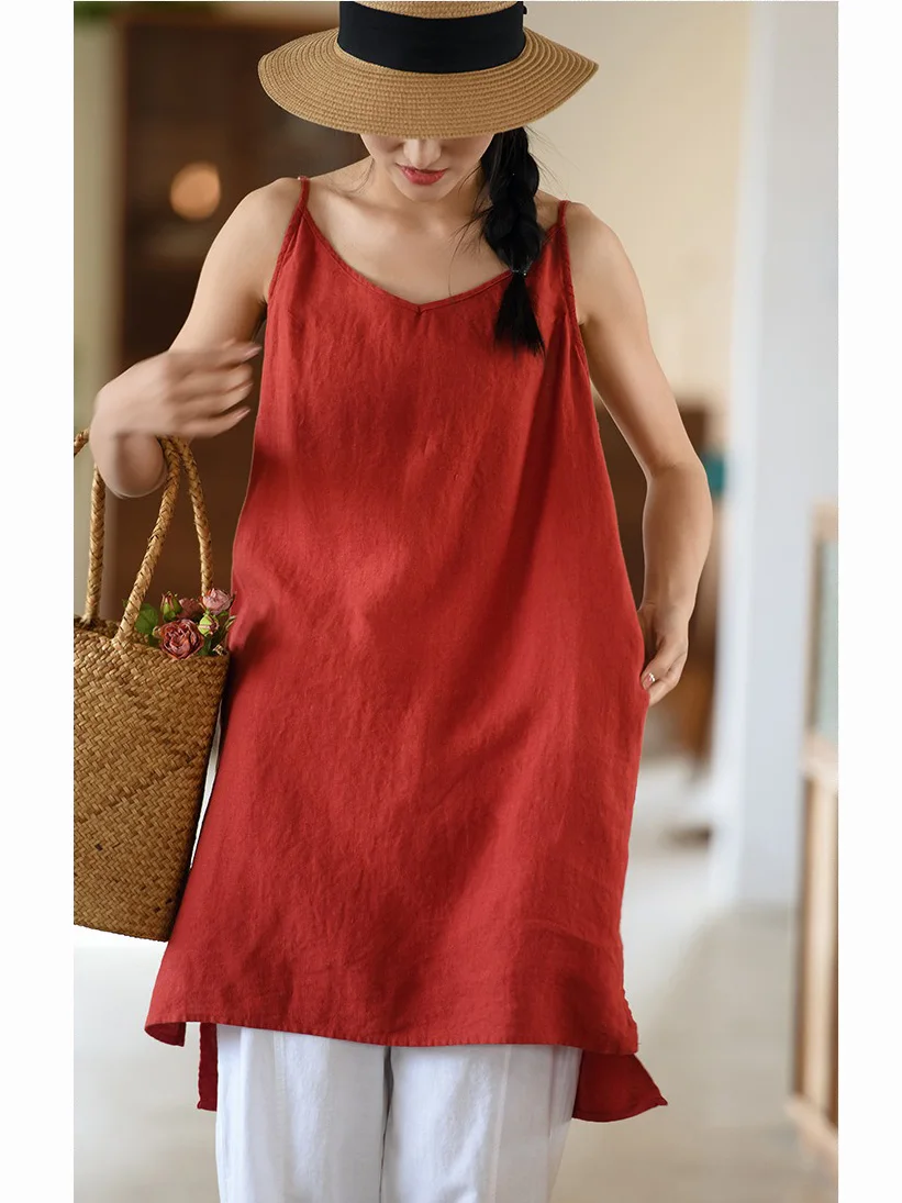 

Linen Slip Tunic Tops Spaghetti Strap Cami Tanks Women Summer Clothes Sleeveless Shirt M-XL