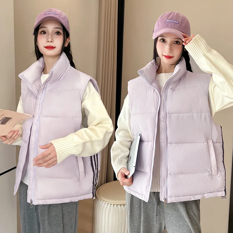 

Short Down Cotton Padded Vest Jackets Fashion New Light Purple Loose Women's Stand Collar Sleeveless Waistcoat Casual Outwear