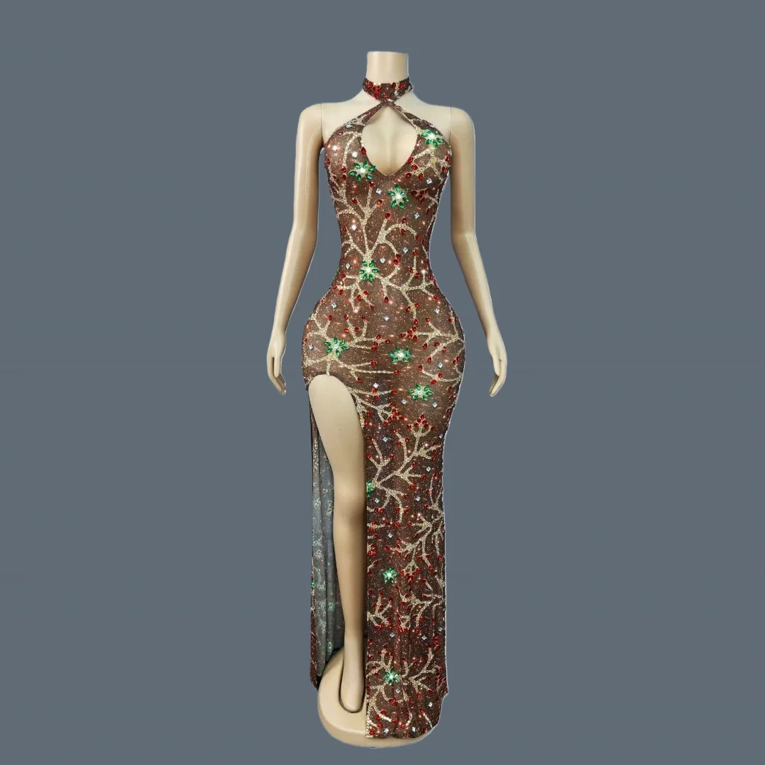 Vestido de noche con aberturas laterales altas y diamantes de imitación brillantes, vestido largo ajustado sexi para mujer, traje de malla transparente de corte bajo Huoshenhua