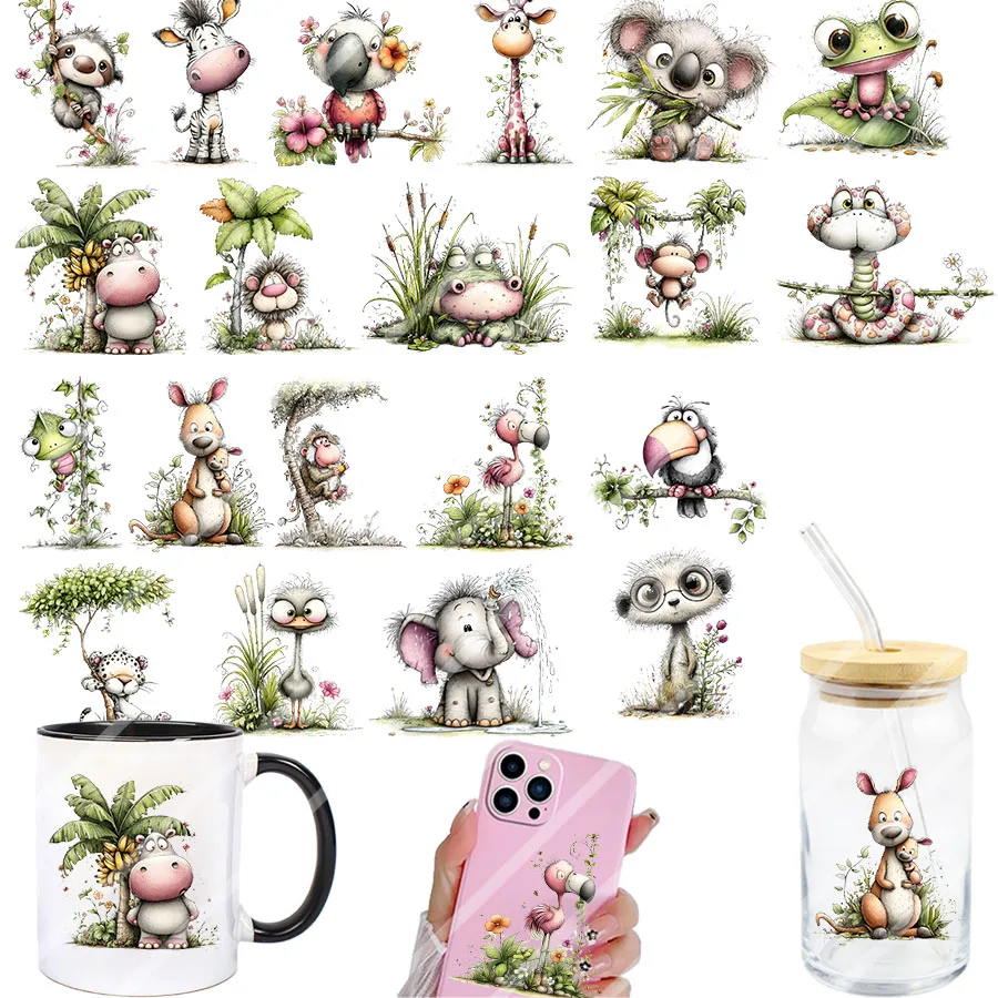 3 Stück Niedliche Dschungeltiere DIY UV DTF Abziehbilder für Becher, Gläser, Tassen, Transferaufkleber, Bastelbedarf, Kaffeetassen, Karten, Geschenk, Partydekoration
